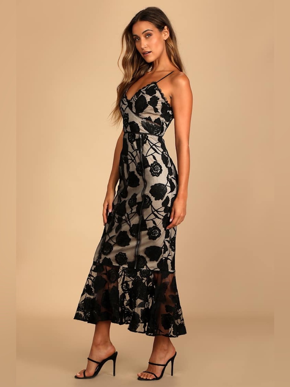Lulus Alluring Dream Black Floral Mesh Lace Trumpet Midi Dress - Picture 2 of 7